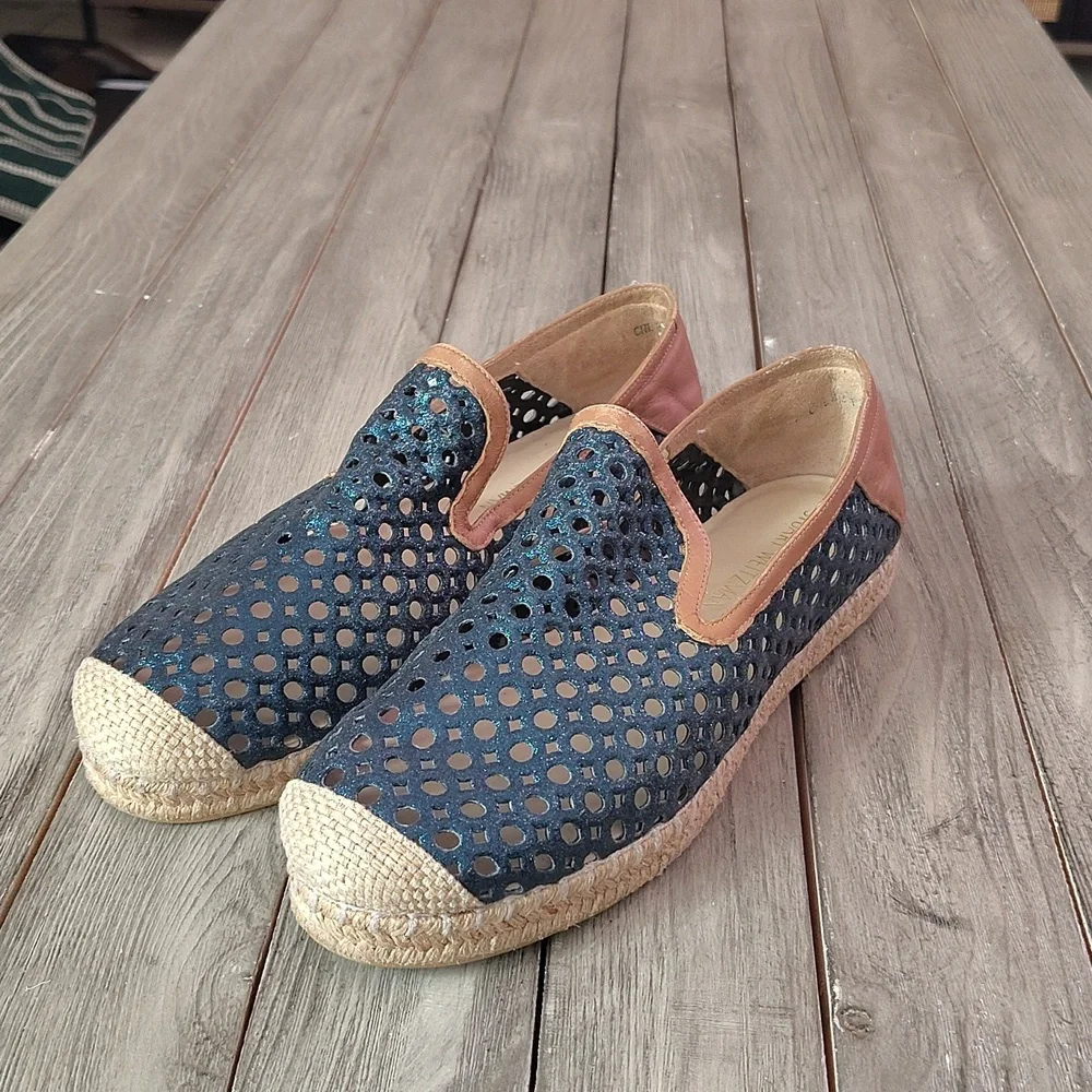 Stuart Weitzman Metallic Blue Glitter Laser Cut County Espadrilles Size EU 40